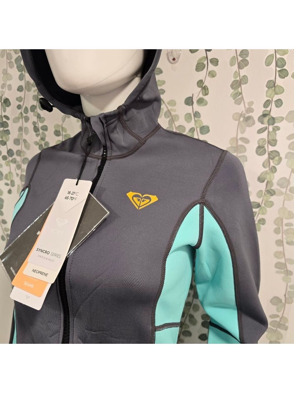 Roxy Syncro Neoprene Jacket Wetsuit Top Womens 6 Gray Teal Hooded Zip - Picture 7 of 14